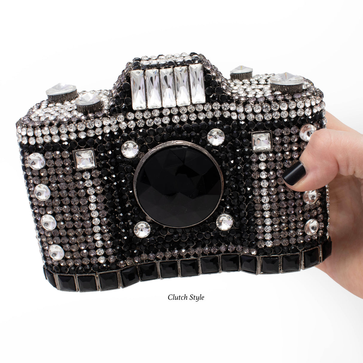 Camera Inspired Jewel Purse with Chain - Black & White