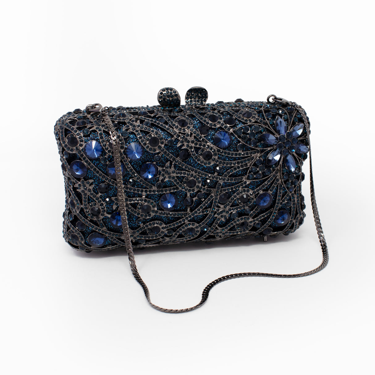 Navy Blue Rectangle Floral Jewel Purse on Gray Gray Case with Chain