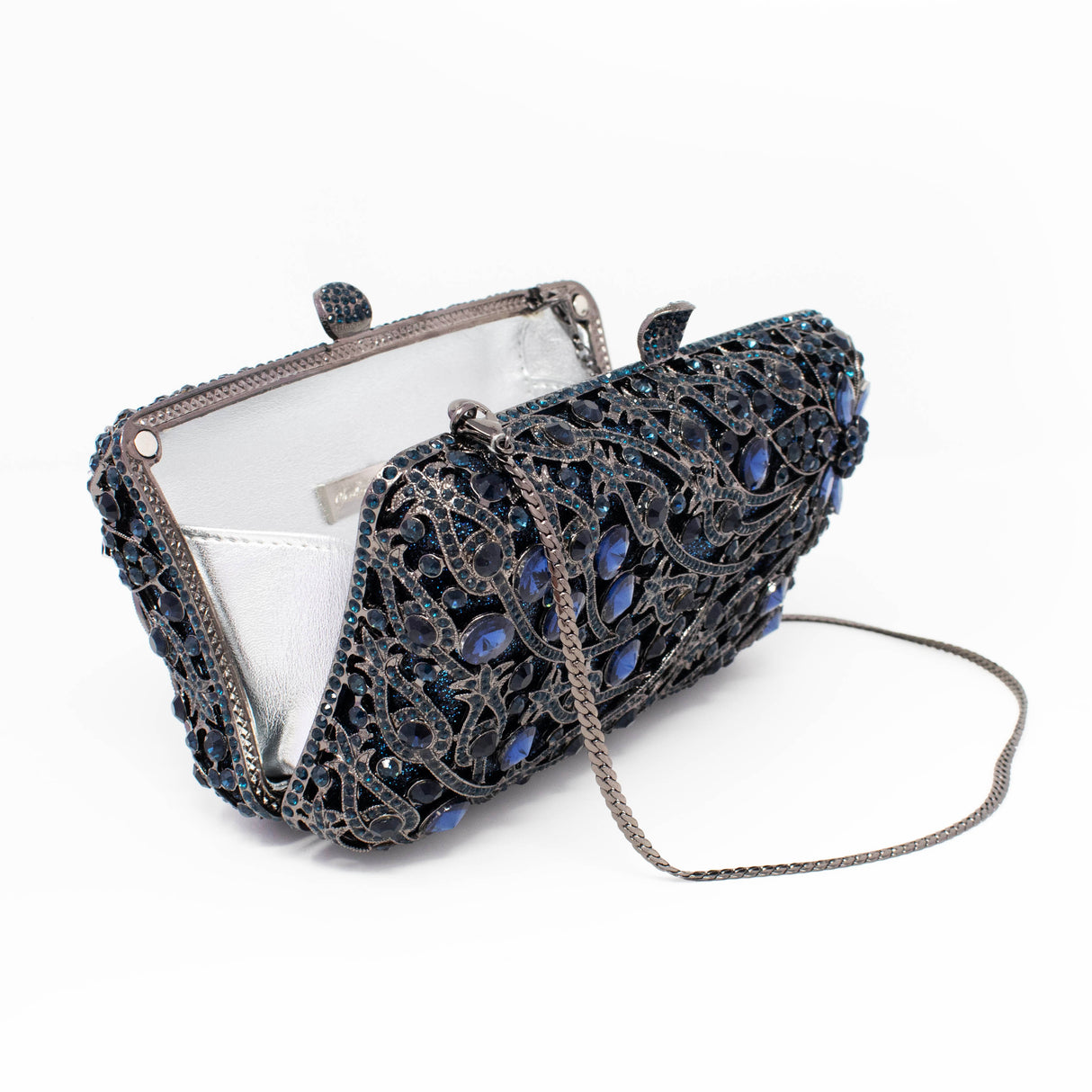Navy Blue Rectangle Floral Jewel Purse on Gray Gray Case with Chain