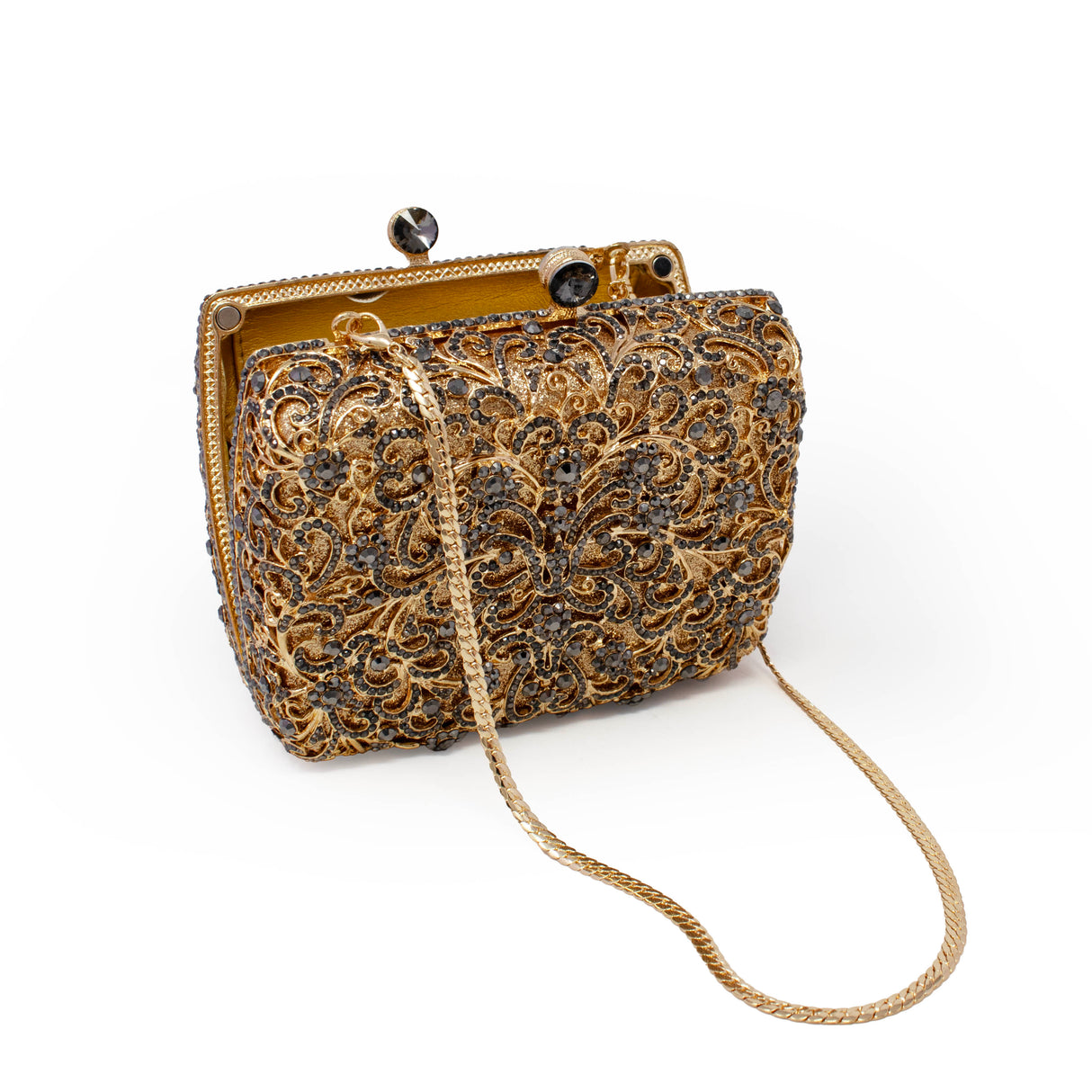 Gray & Gold Floral Jewel Purse with Chain - Square Rectangle