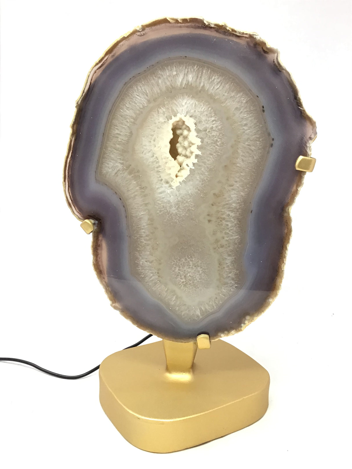 Lavender Agate Druze Slice with Cream Agate Druze Center On Illuminated Table Stand