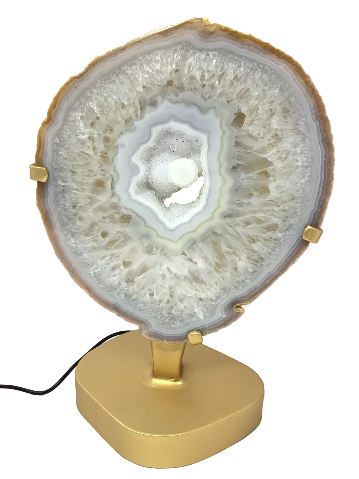 Periwinkle Agate Druze Slice with Dense Banding On Illuminated Table Stand