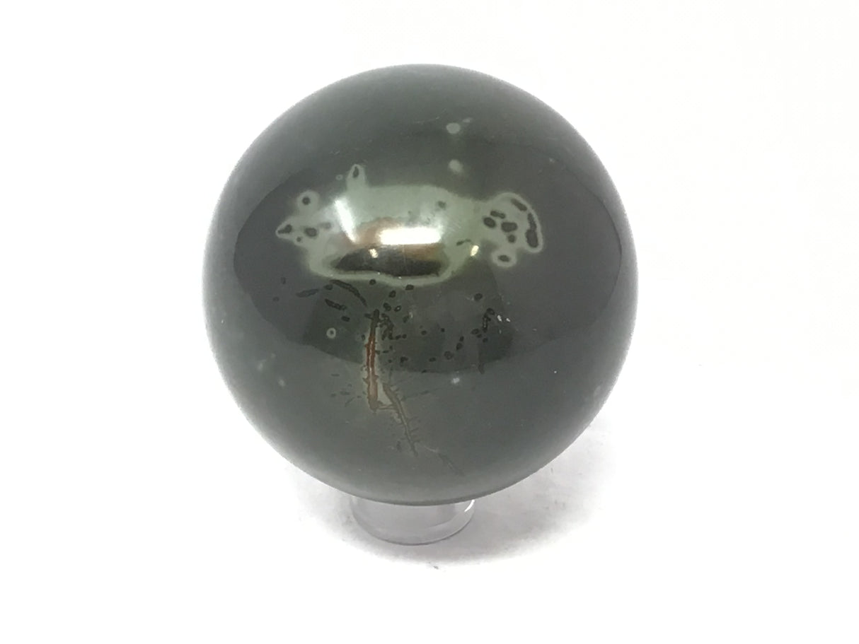 Galactic Green Polychrome Jasper Sphere on Lucite Ring Stand
