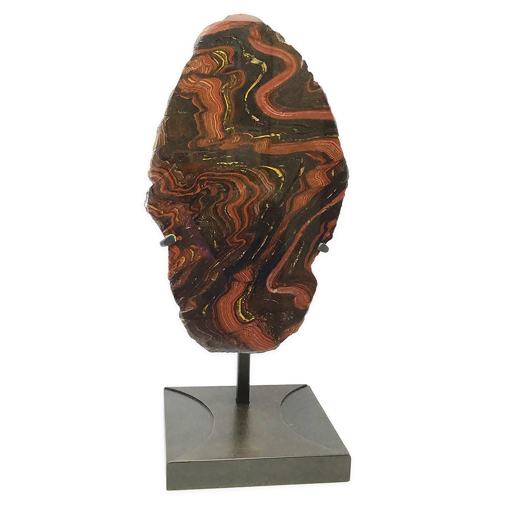 Tranche de Jaspe Tigre sur Support Sur Mesure au Design Sablier et Patine Bronze Frotté
