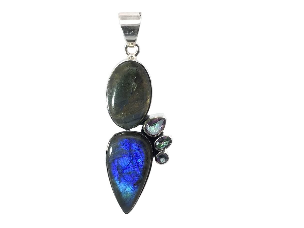Pendentif en labradorite - Poire inversée et cabochon ovale avec 3 topazes mystiques facettées serties d'argent sterling 925