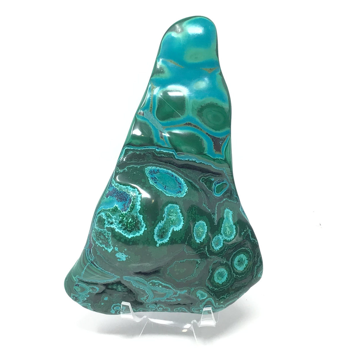 Chrysocolla Malachite Freeform Polished on Lucite Stand with Chrysocolla Swath & Patterns