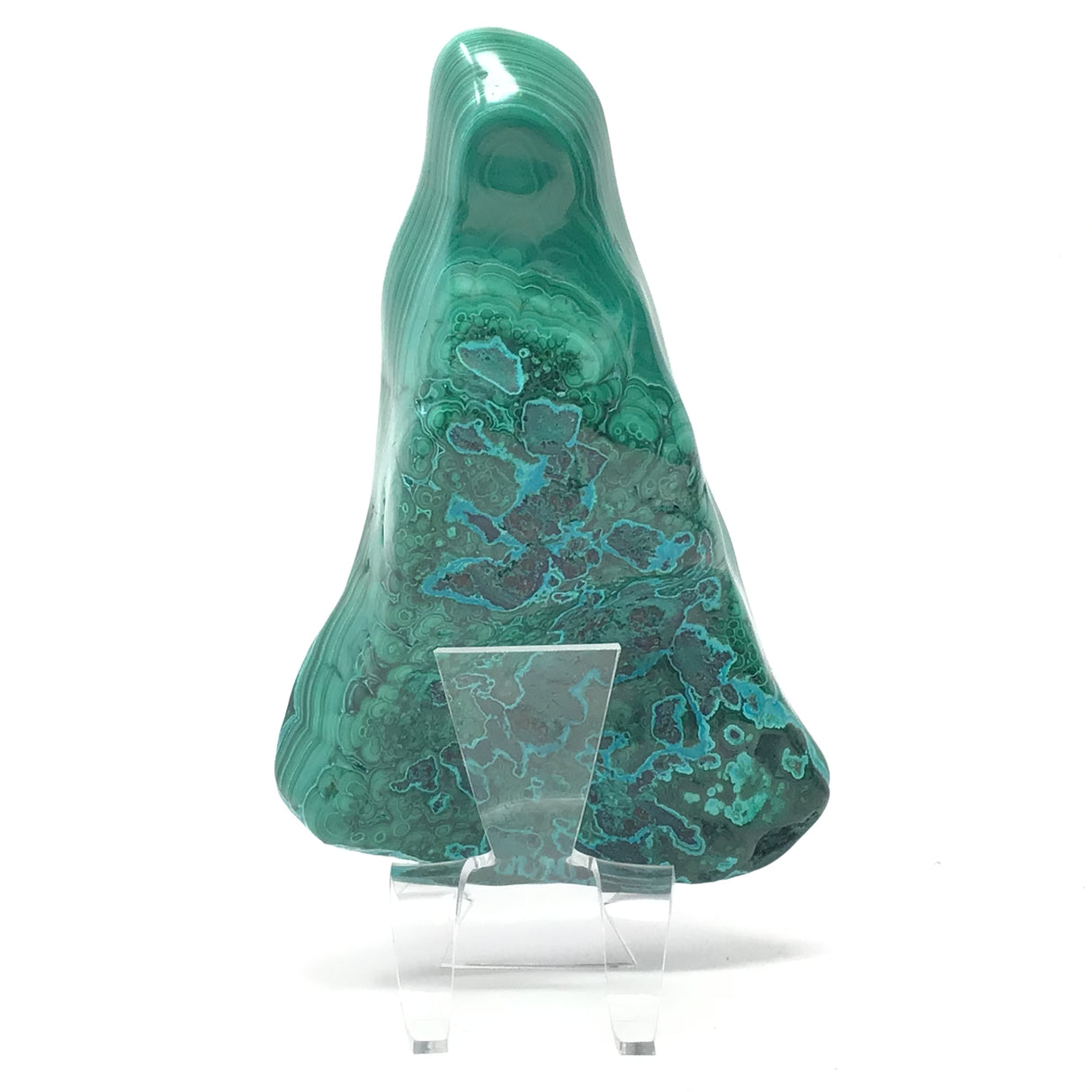 Chrysocolla Malachite Freeform Polished on Lucite Stand with Chrysocolla Swath & Patterns
