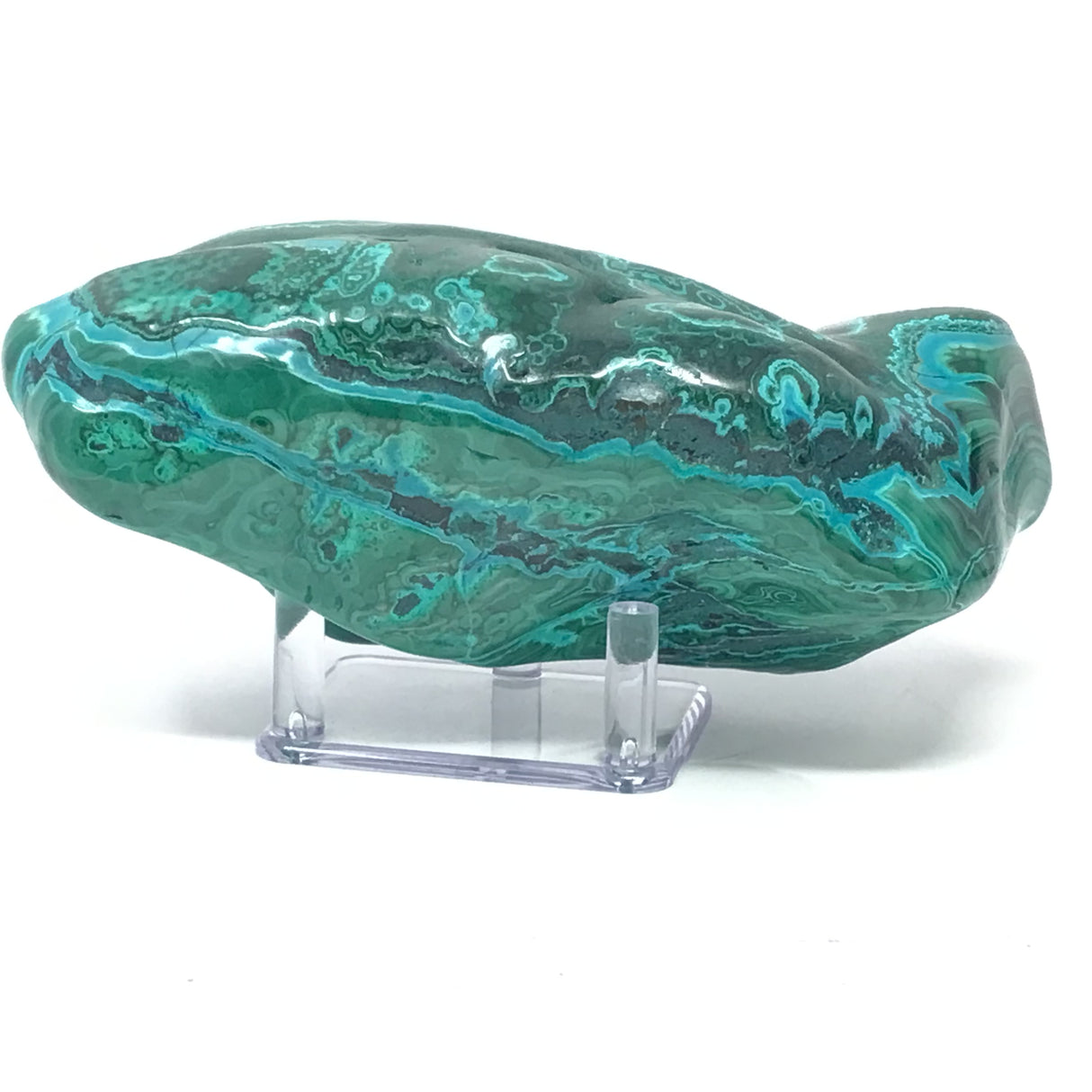 Chrysocolla Malachite Freeform Polished on Lucite Stand with Distinct Chrysocolla Eye