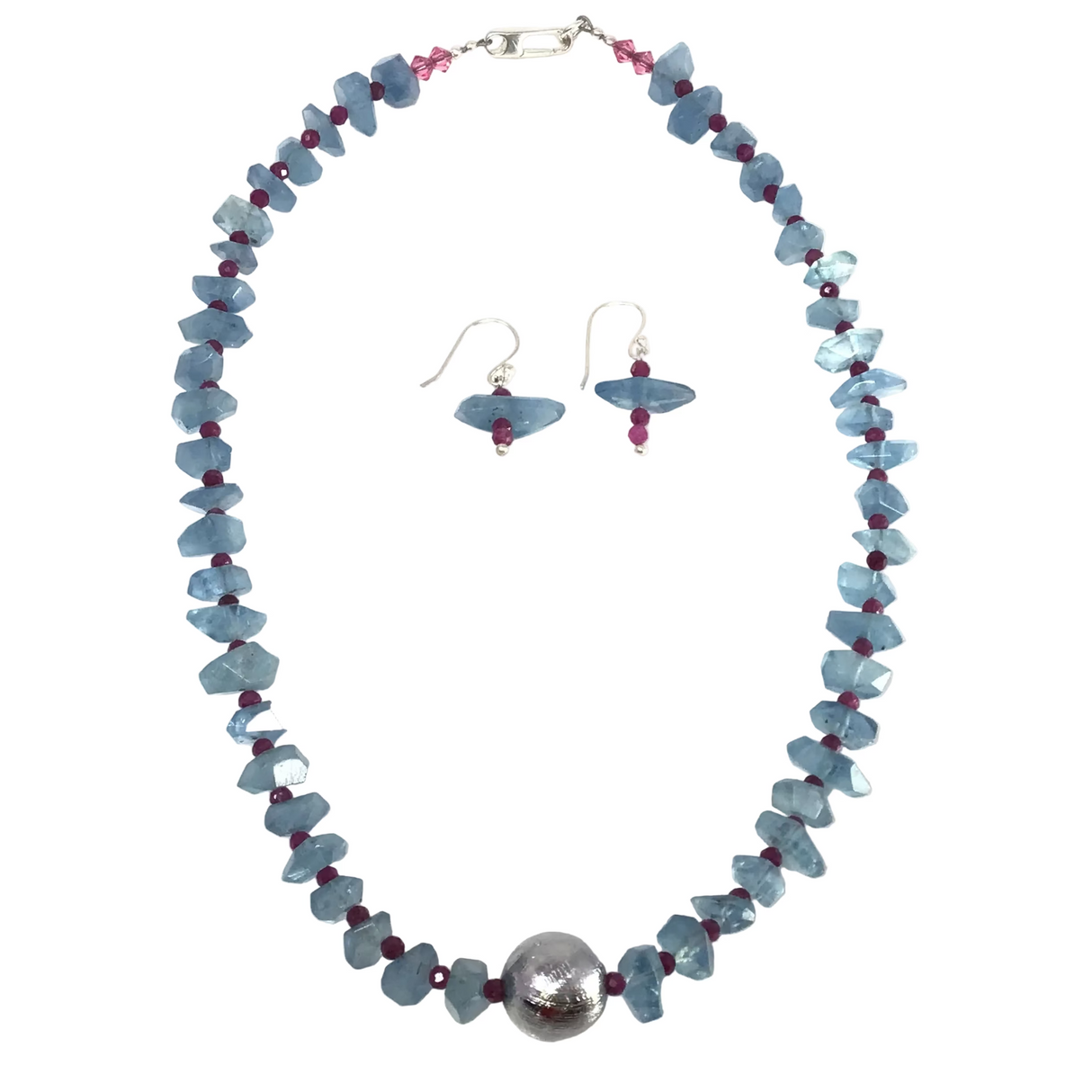 Aquamarine & Muonionalusta Beaded Necklace & Earrings Set with 3mm Faceted Ruby Spacers