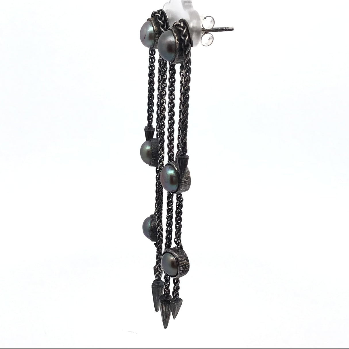 Tahitian Pearl Dangle Earrings Trio Bezel Set Set in Oxidized 925 Sterling Silver Design with Spikes - Linking Emotions