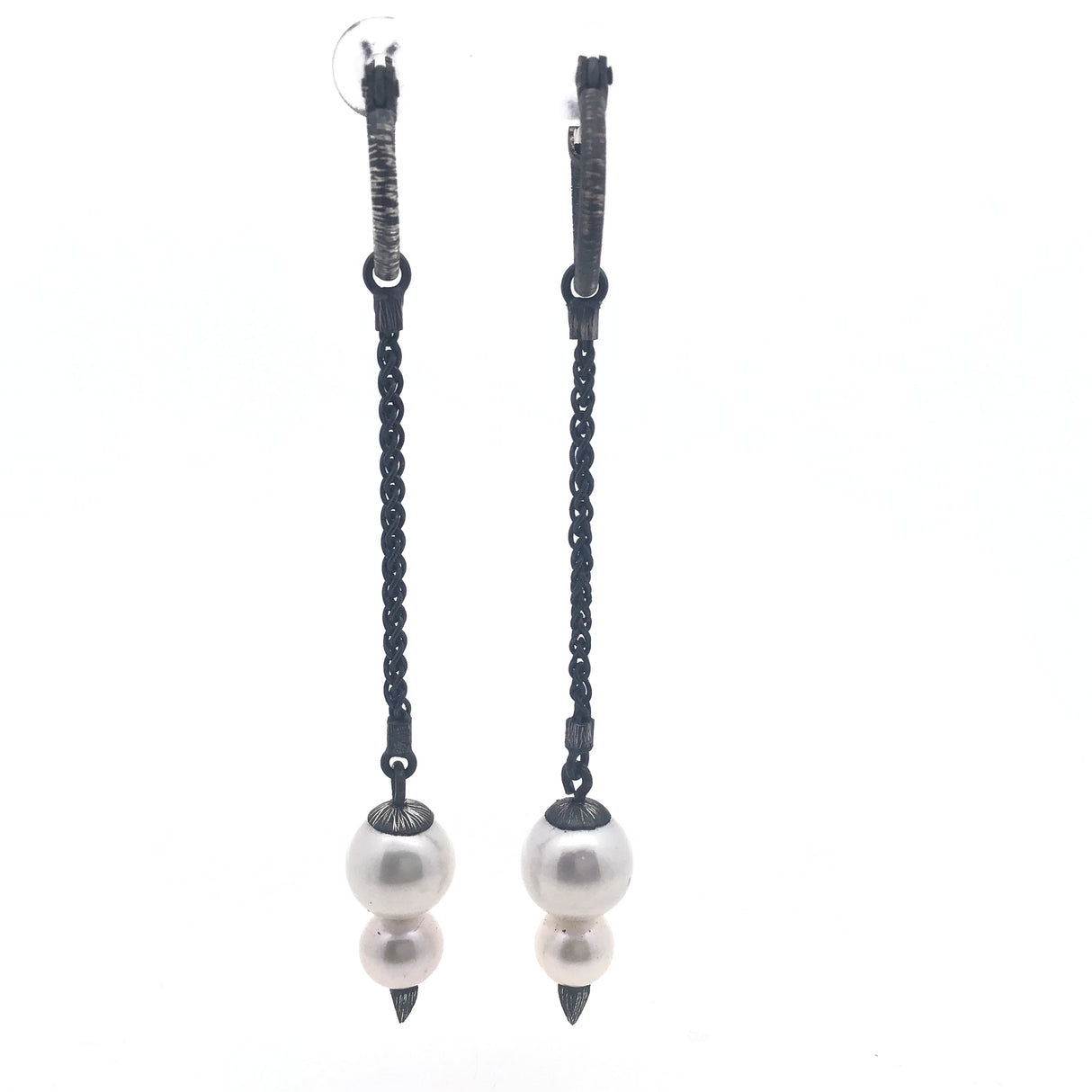 Freshwater Dangle Earrings with Spikes on Oxidized 925 Sterling Silver Hoop Earring Design - Double Pearls