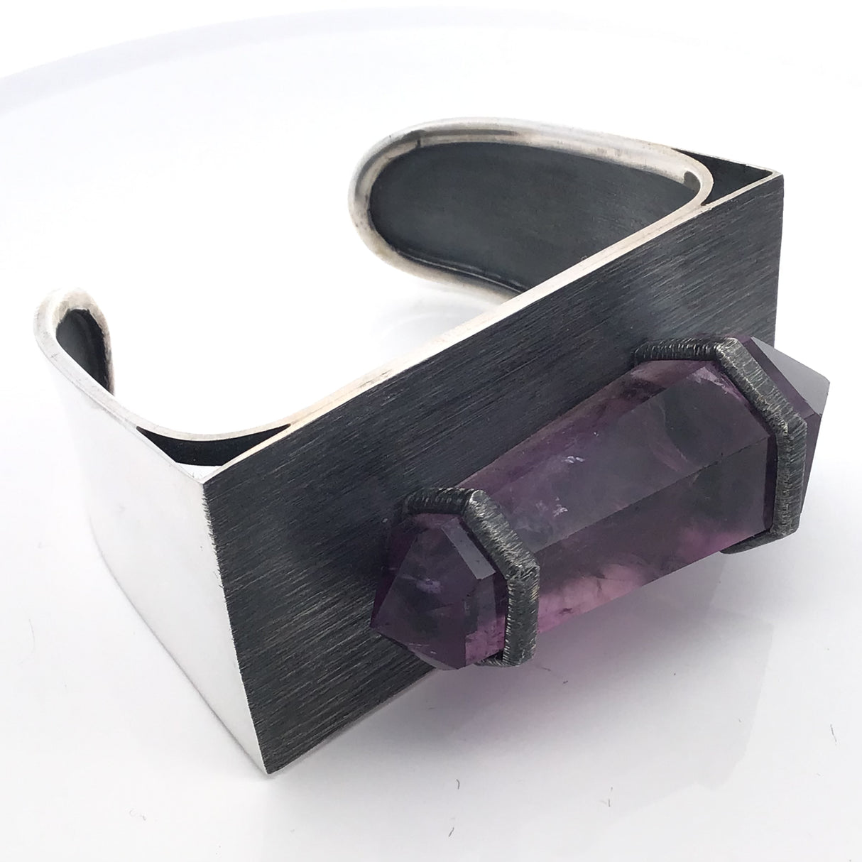 Double Terminated Cut Quartz Point Cuff Strap Set on Oxidized 925 Sterling Silver Direction Design