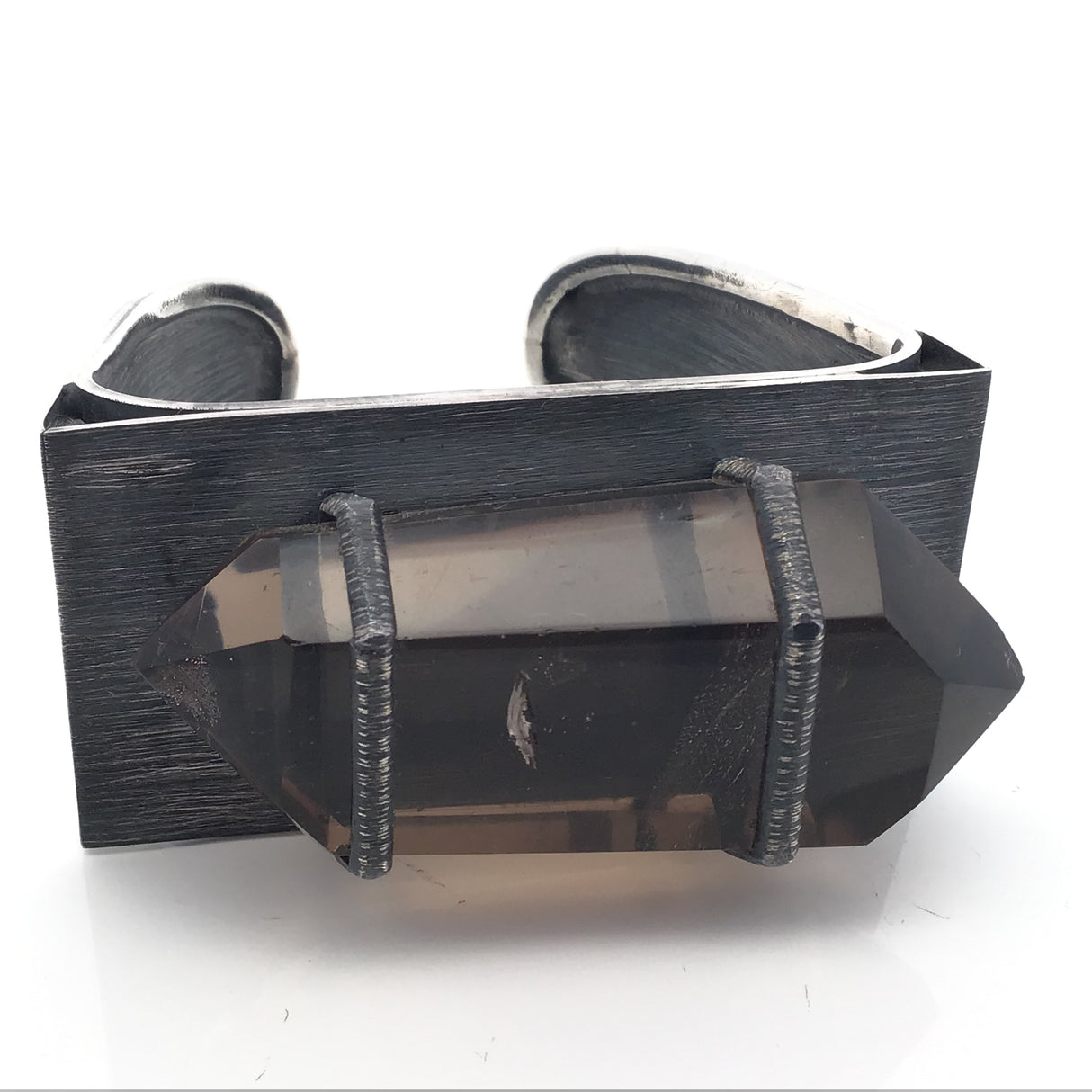 Double Terminated Cut Quartz Point Cuff Strap Set on Oxidized 925 Sterling Silver Direction Design