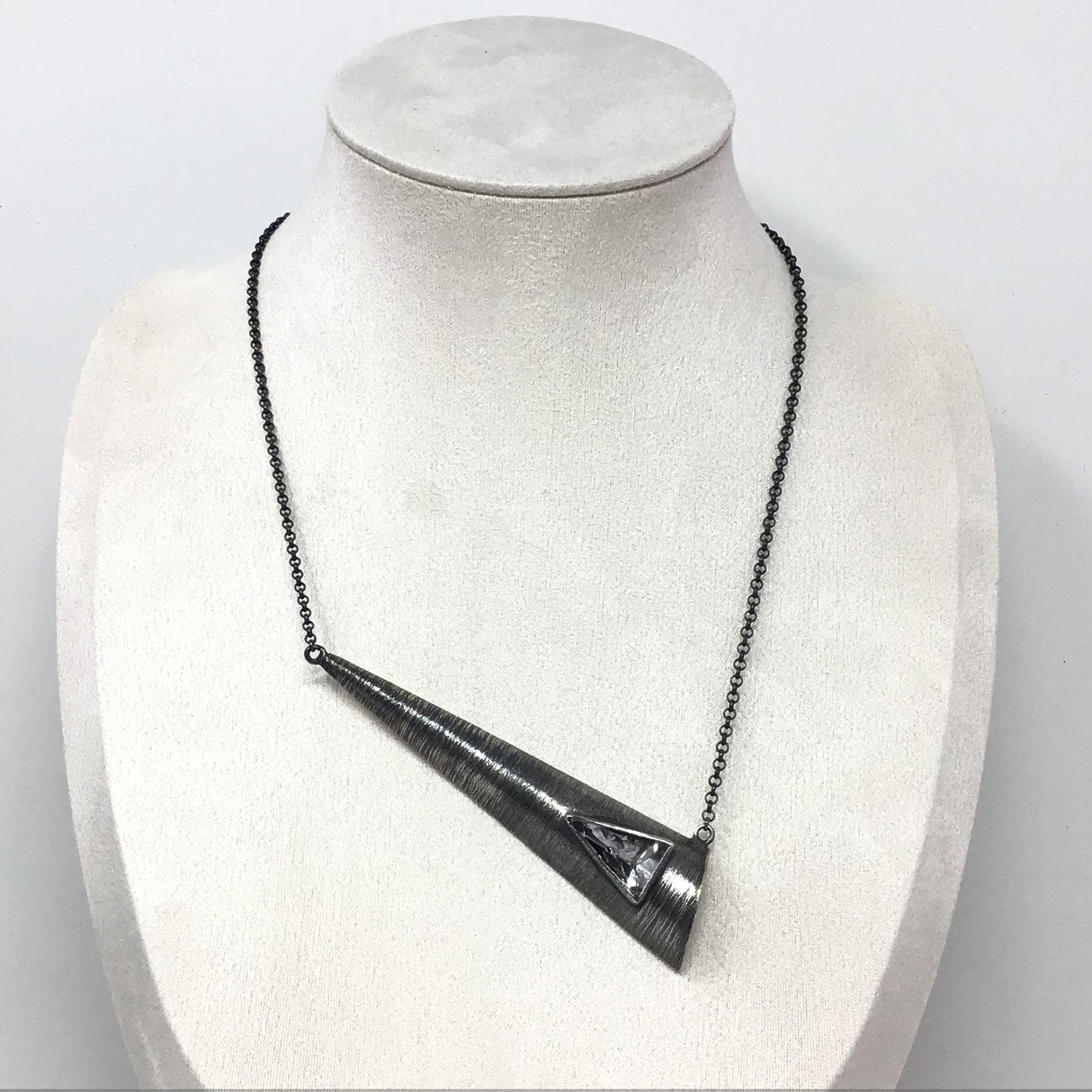 Quartz Necklace - Triangular Flat Cut Cabochon with Raised Oxidized Sterling Silver Bezel Set on Sharp Elongated Triangular Bezel Set Edge with Brushed Rhodium Finish