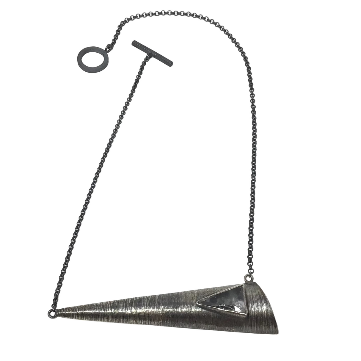Quartz Necklace - Triangular Flat Cut Cabochon with Raised Oxidized Sterling Silver Bezel Set on Sharp Elongated Triangular Bezel Set Edge with Brushed Rhodium Finish
