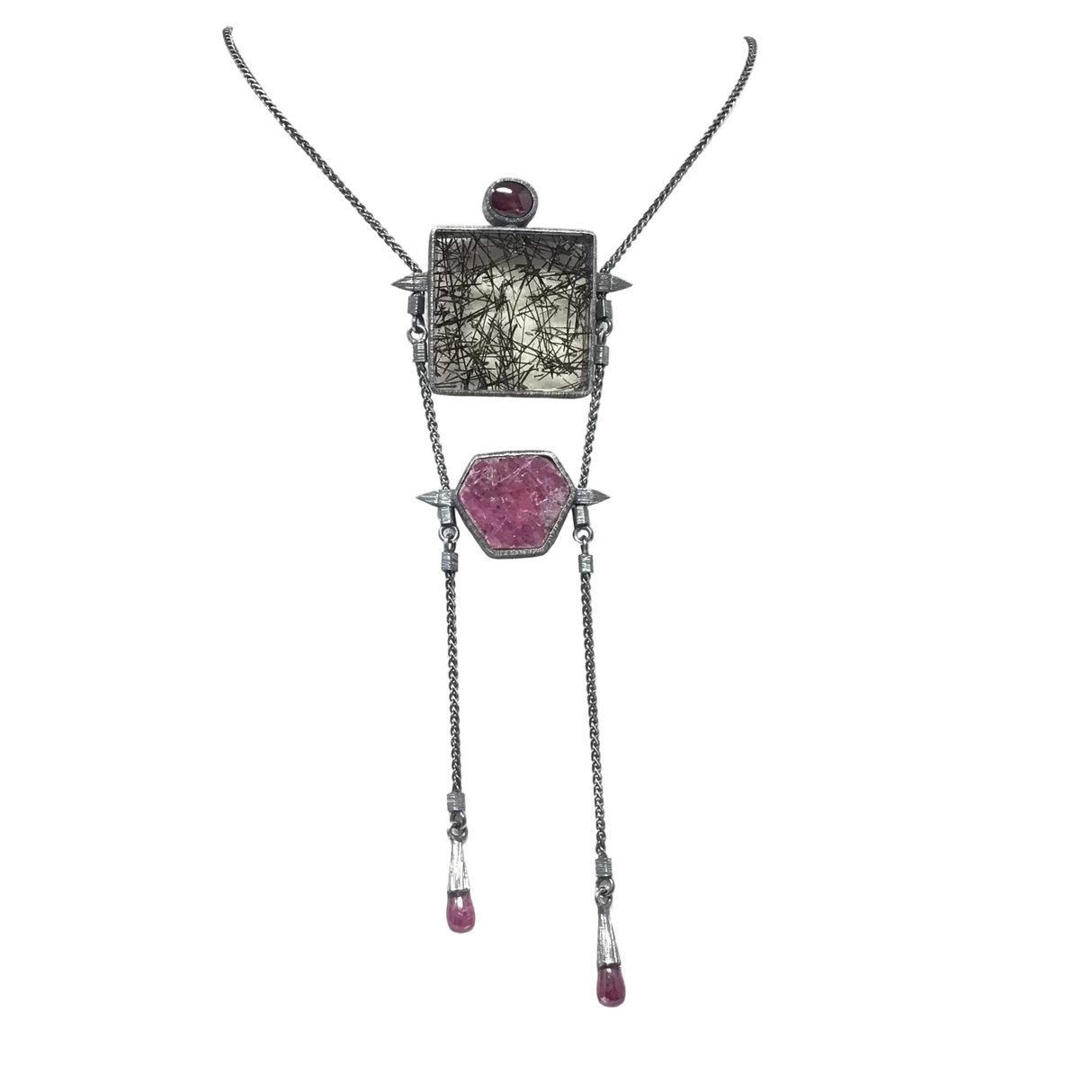 Tourmalated Quartz & Ruby Necklace - Square Center Focal A+ Clarity Oval Cabochon & Ruby "Slice" Dangle with Ruby Drop Tassels on Toggle Clasp - Oxidized 925 Sterling Silver
