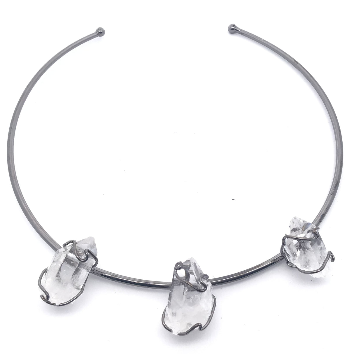 Crystal Wire Wrap Collar Necklace - 3 Unpolished Gems on Plated Brass