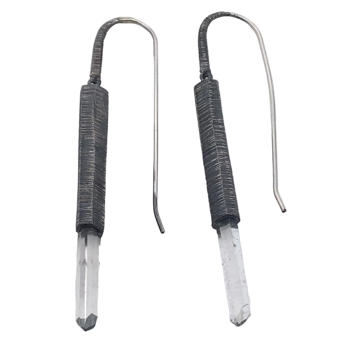 A+ Quality Quartz Point Earrings Bezel Set In Lantern Oxidized 925 Sterling Silver Column on Extra Long French Wires 2.75"