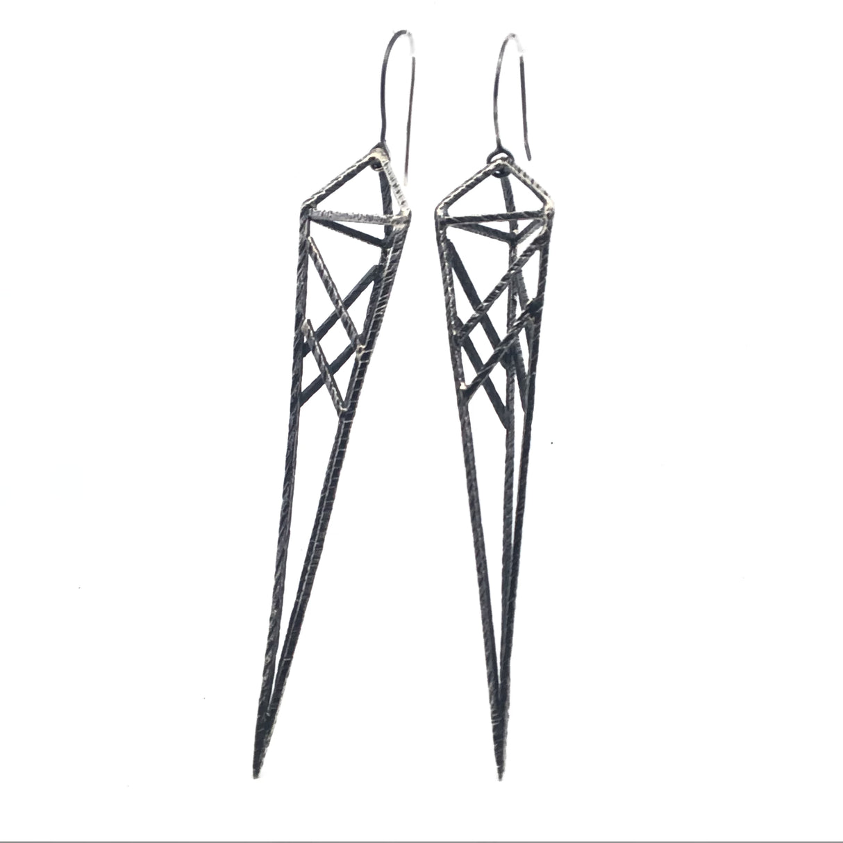 Oxidized 925 Sterling Silver Sterling Silver Dangle Earrings - 3D Spears with Hammered Line Texture in 925 Sterling Silver 4" +