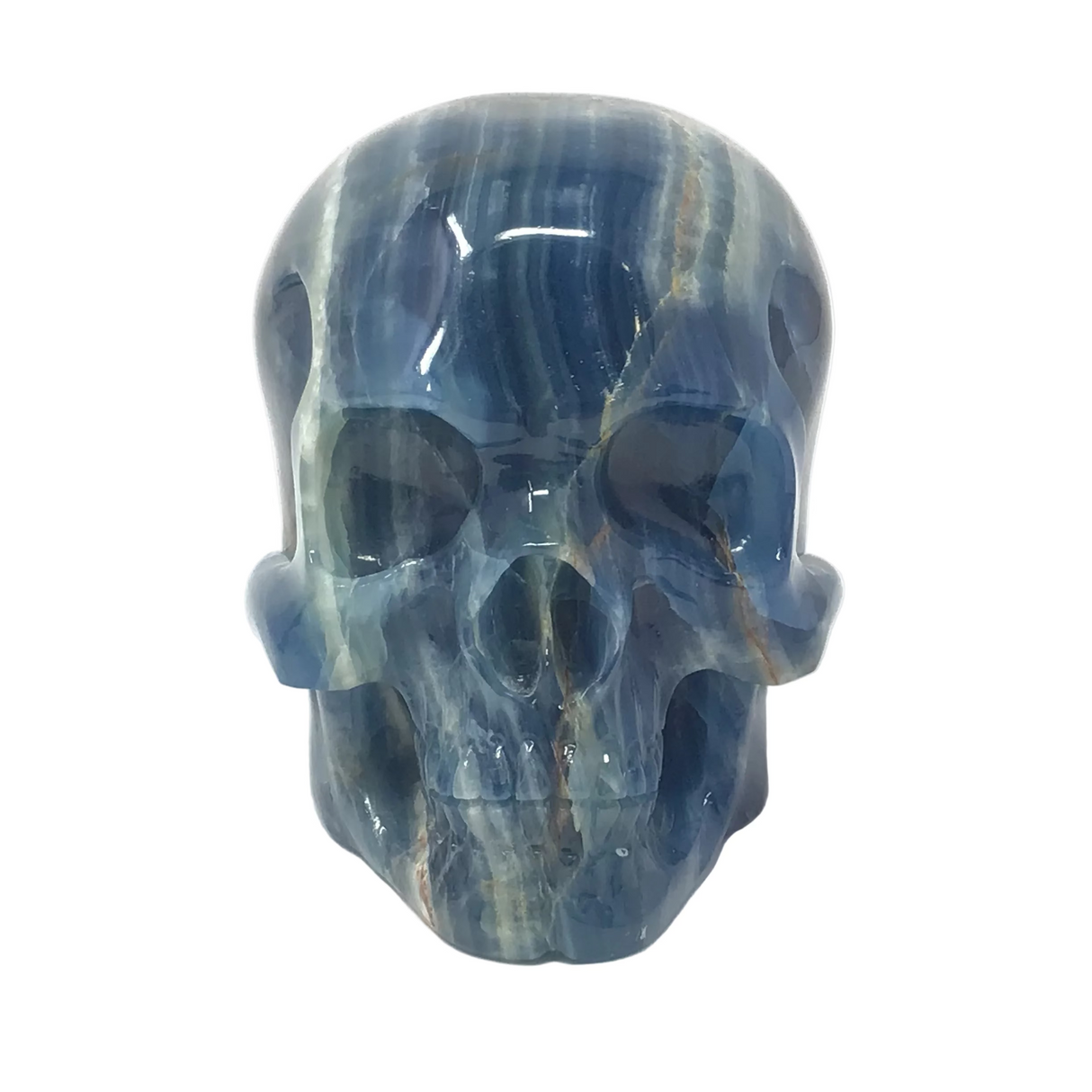 Blue Calcite Skull Carving with Dreamy Blue & Woody Streak Ear To Ear
