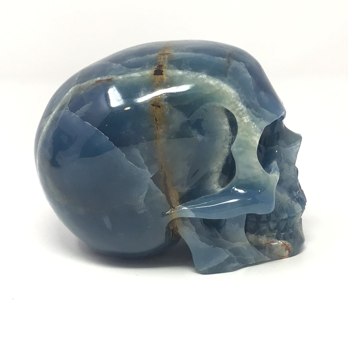 Blue Calcite Skull Carving with Dreamy Blue & Woody Streak Ear To Ear