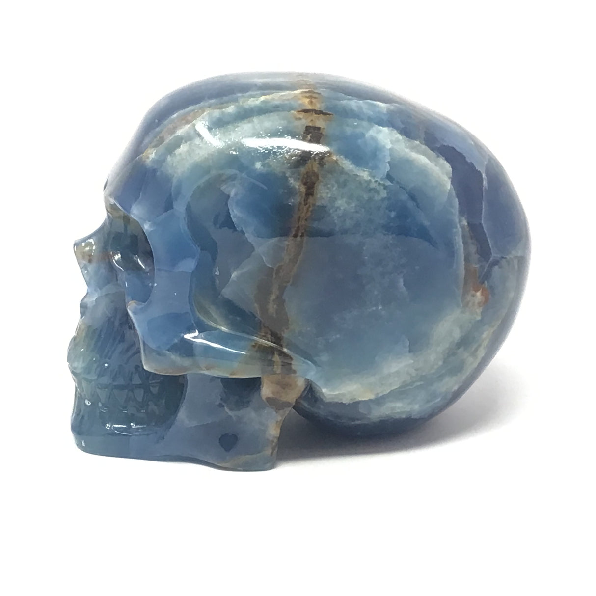 Blue Calcite Skull Carving with Dreamy Blue & Woody Streak Ear To Ear
