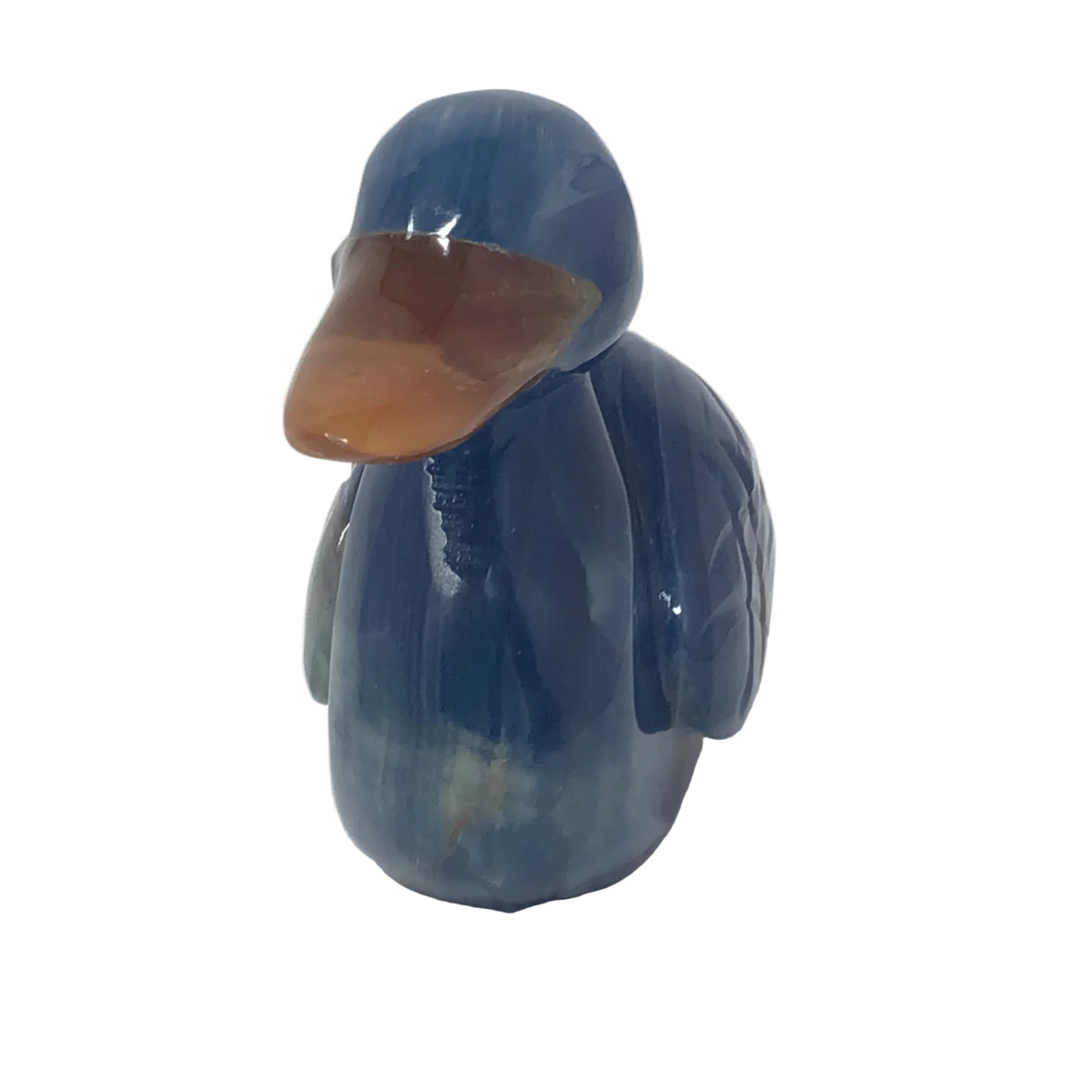 Canard colvert sculpté en calcite bleue avec bec en cornaline