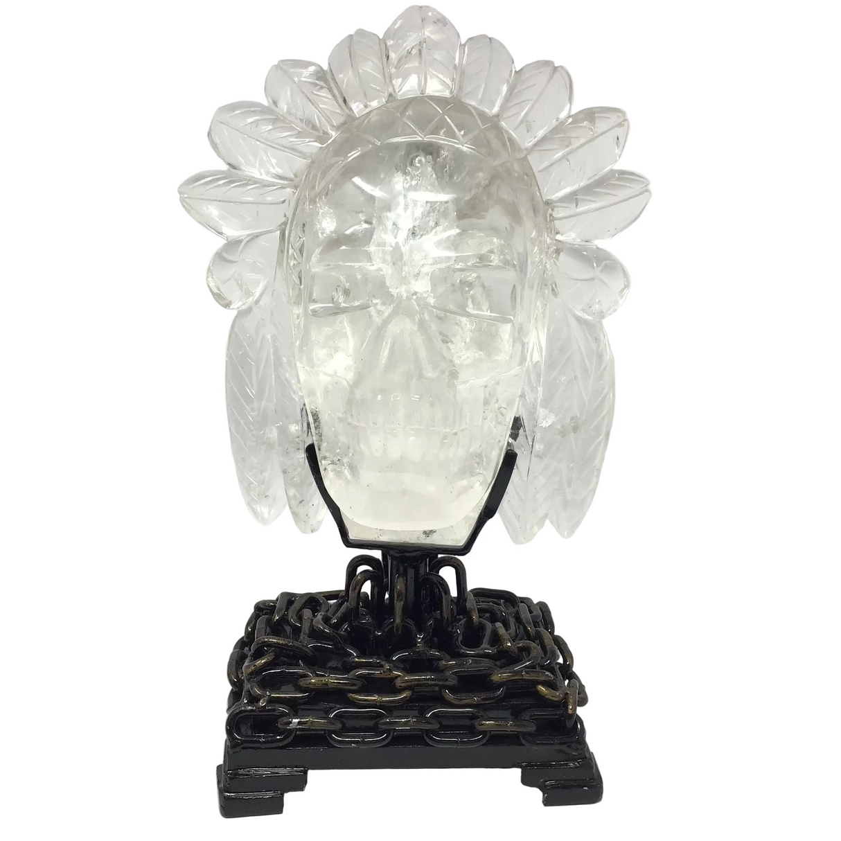 Extra Clear Quartz Chief Skull Carving in Fitted Stand