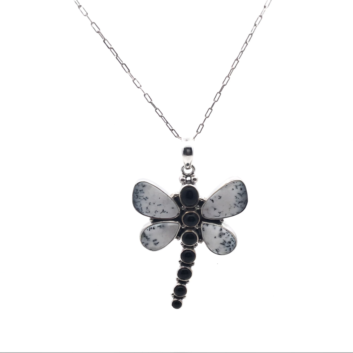 Dendritic Opal & Black Onyx Dragonfly Necklace - Pendant on Long Box Chain 18"