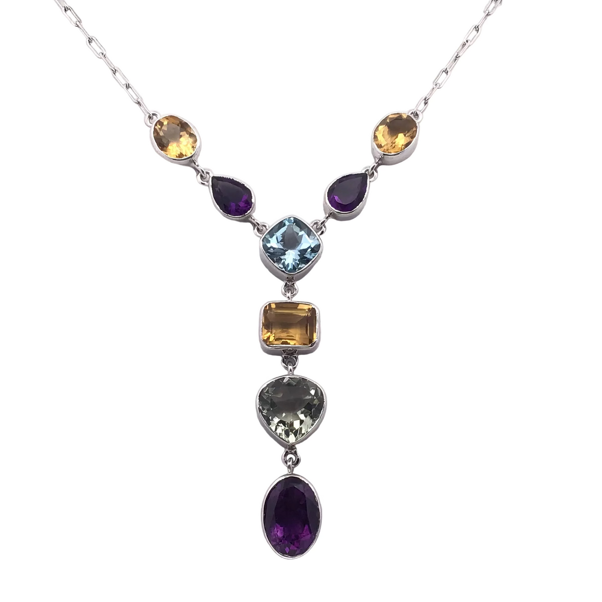 Multi Gemstone Necklace with Faceted Blue Topaz Cushion Center on Y Design Long Box Chain - Amethyst, Citrine & Prasiolite