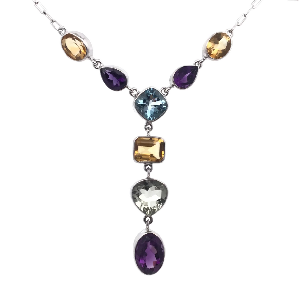 Multi Gemstone Necklace with Faceted Blue Topaz Cushion Center on Y Design Long Box Chain - Amethyst, Citrine & Prasiolite