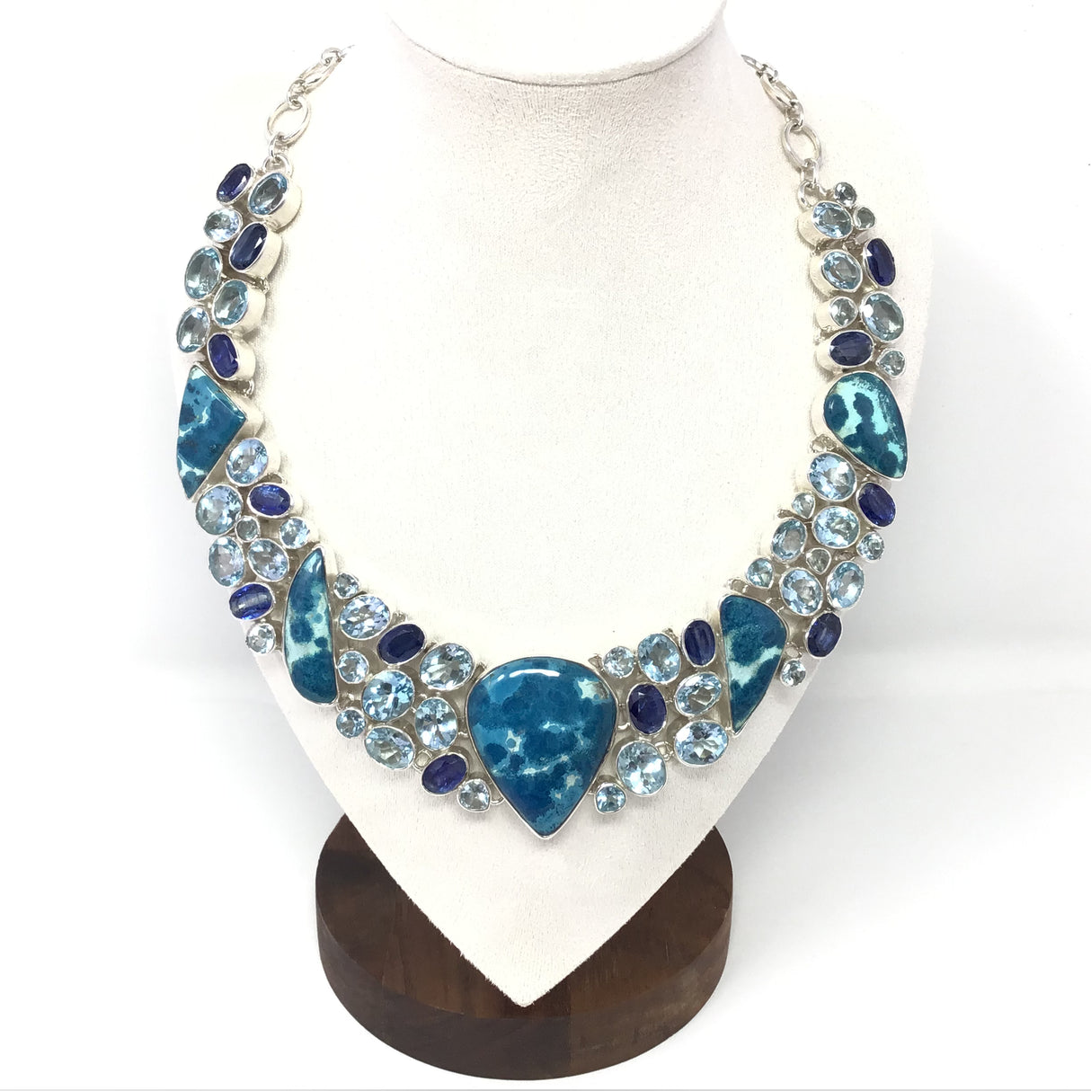 Stunning Shattuckite Azurite Collar Necklace with Reverse Pear Focal & Faceted Blue Topaz, Kyanite