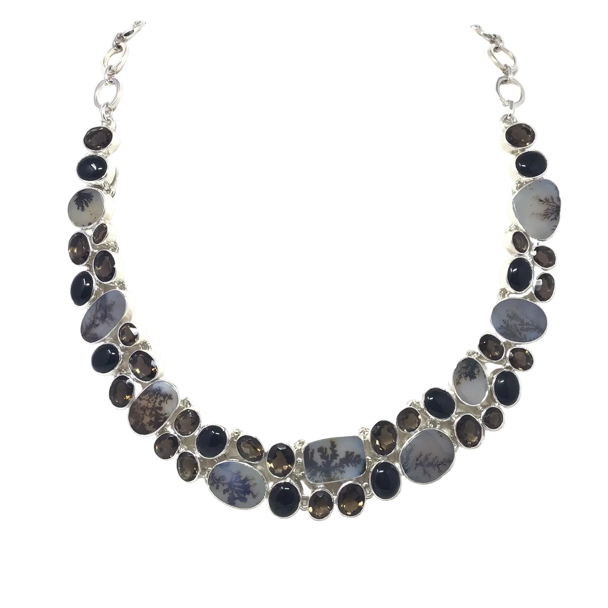 Collier agate dendritique - Double rang avec quartz fumé facetté et cabochon onyx noir