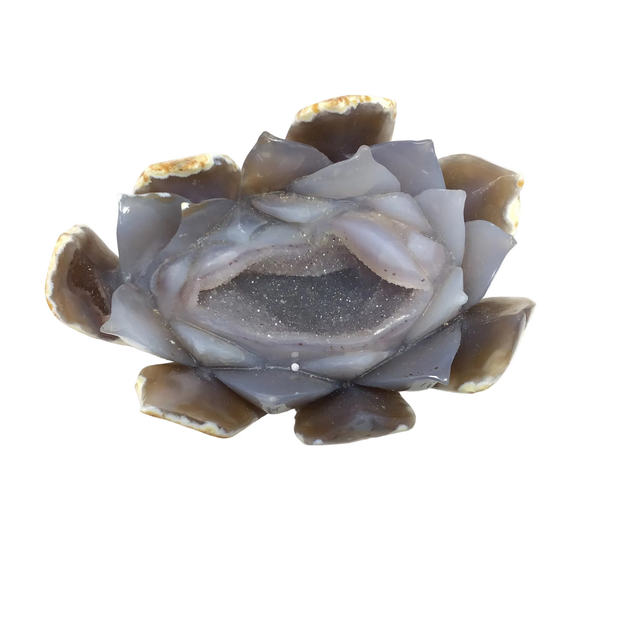 Sculpture de fleur de lotus en agate druse avec extérieur aux nuances orange et pêche