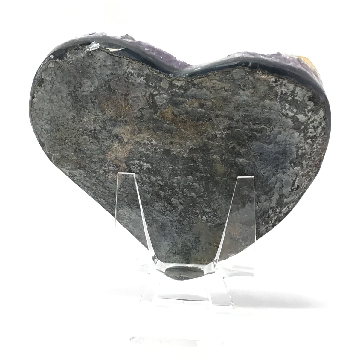 Amethyst Crystal Heart with Prominent Calcite Crystal Inclusions on Lucite Easel