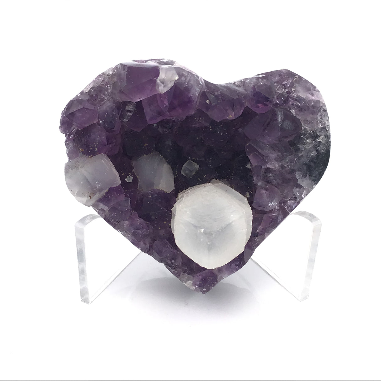 Amethyst Crystal Heart with Prominent Calcite Crystal Inclusions on Lucite Easel