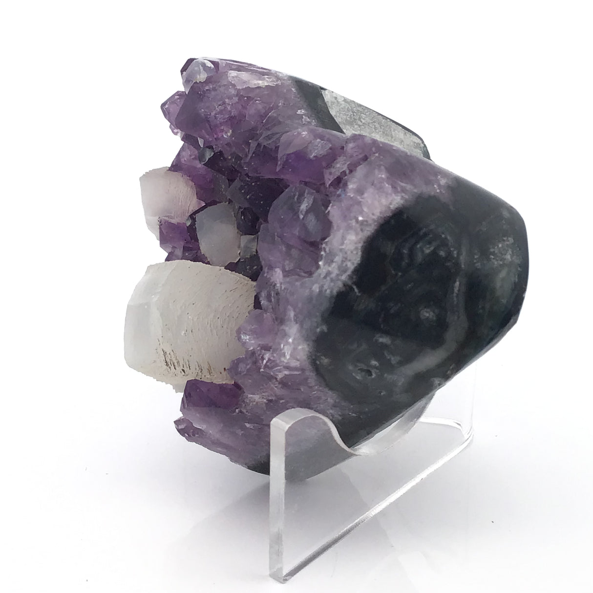 Amethyst Crystal Heart with Prominent Calcite Crystal Inclusions on Lucite Easel