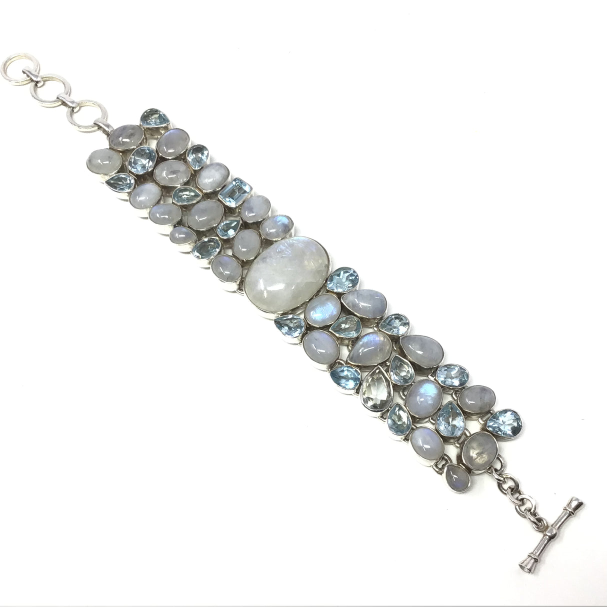 Rainbow Moonstone Bracelet - Oval With Blue Topaz Three Row