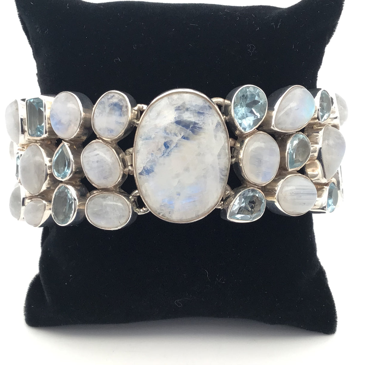 Rainbow Moonstone Bracelet - Oval With Blue Topaz Three Row