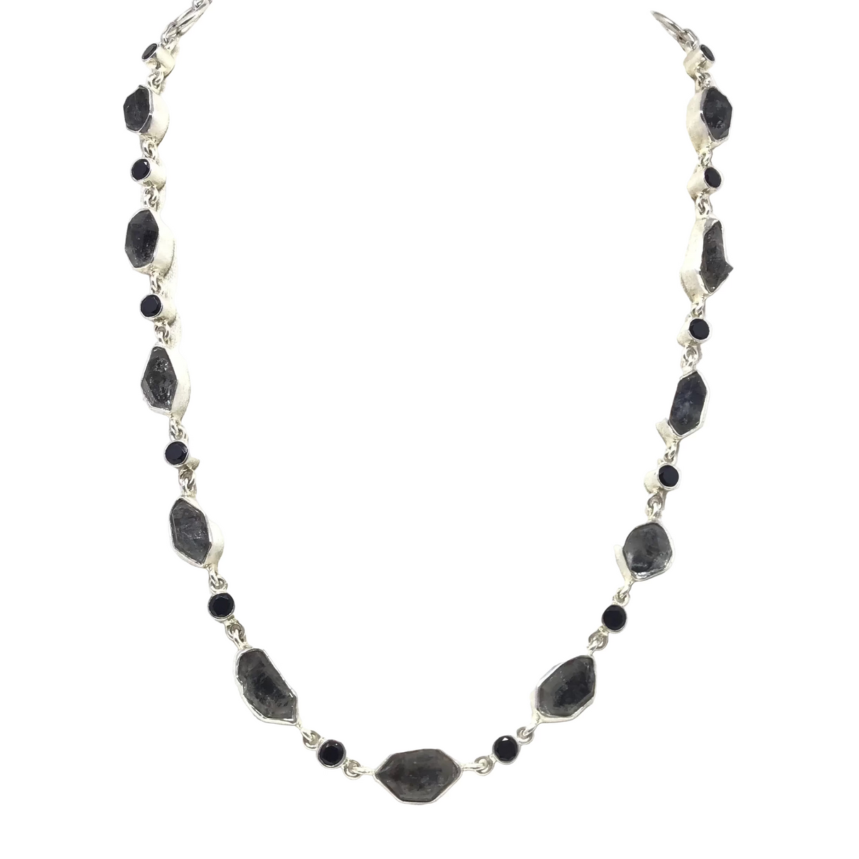 Herkimer Diamond Necklace With Black Spinel -14 Crystals Bezel Set On Link Chain With Toggle