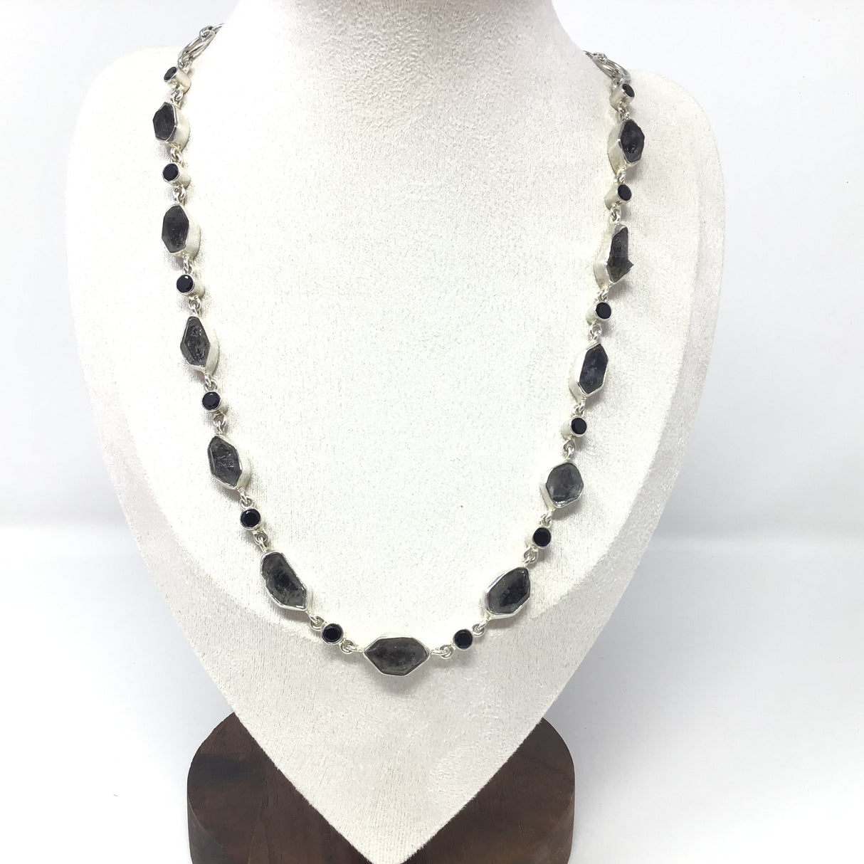 Herkimer Diamond Necklace With Black Spinel -14 Crystals Bezel Set On Link Chain With Toggle