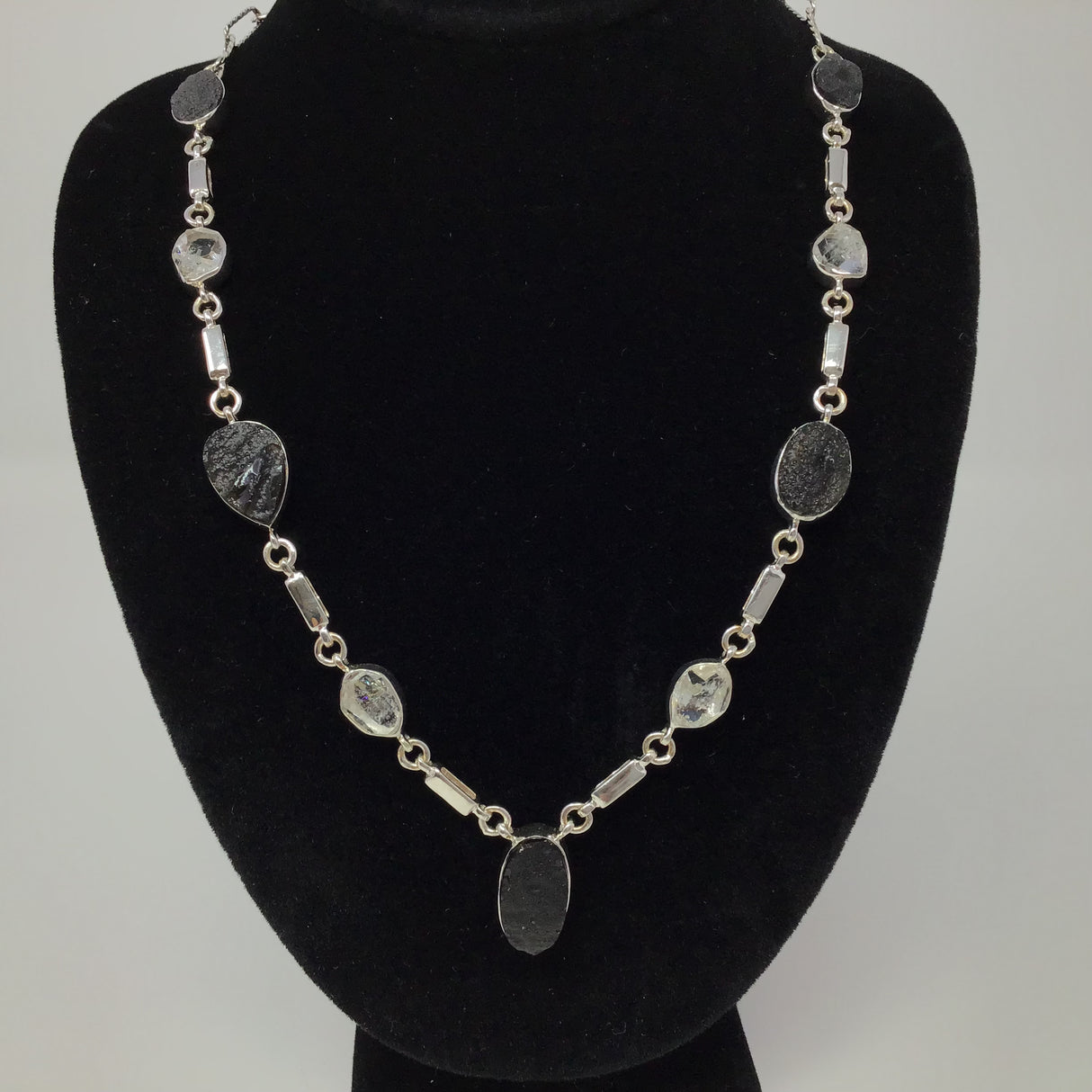 Agni Manitite aka Pearl Of Fire Tektite Necklace - 5 Organic Geometrics with 4 Herkimer Diamonds Set in 925 Sterling Silver Bezels with Open Silver Rectangle Detail
