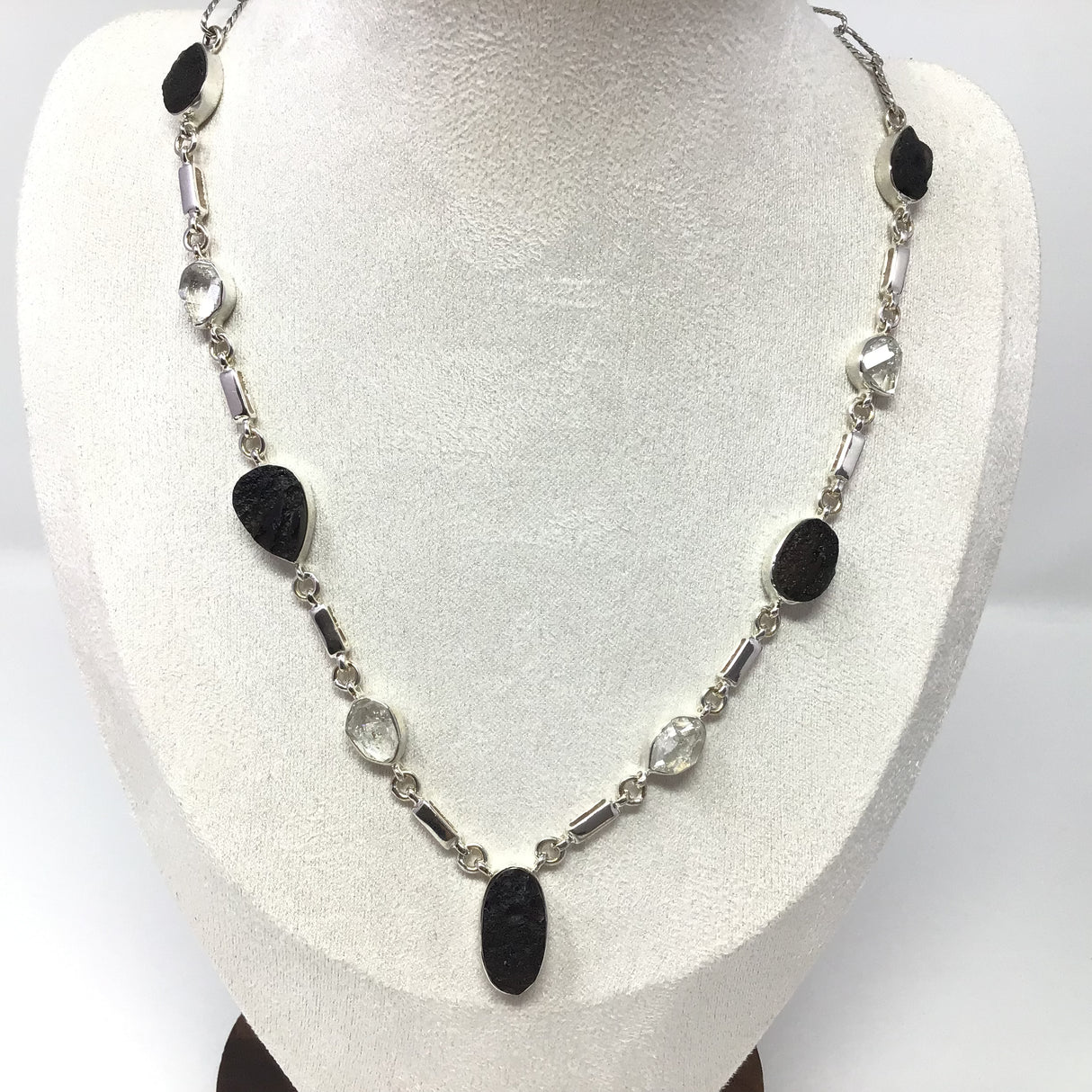 Agni Manitite aka Pearl Of Fire Tektite Necklace - 5 Organic Geometrics with 4 Herkimer Diamonds Set in 925 Sterling Silver Bezels with Open Silver Rectangle Detail