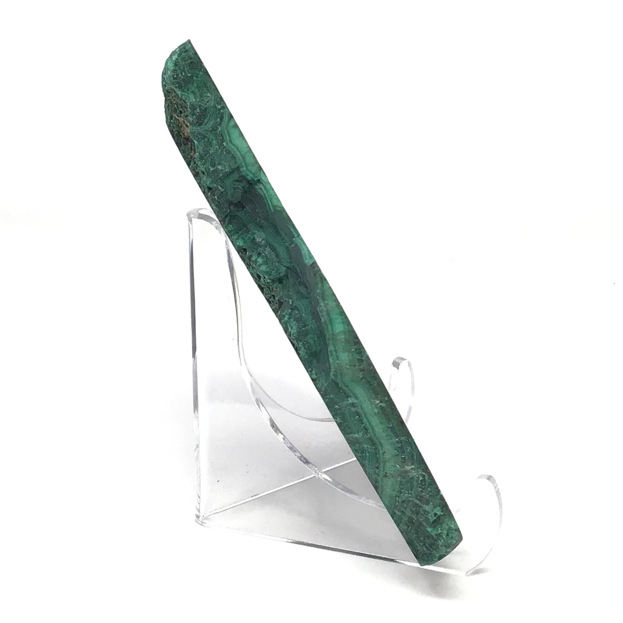 Malachite Slice with Striking Botryoidal Patterns on Lucite Stand