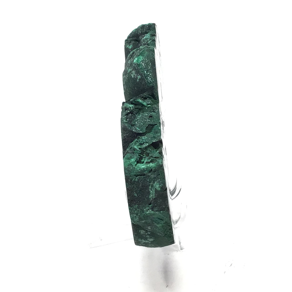 Malachite Botryoidal Slice with Rugged Druze Edges on Lucite Stand