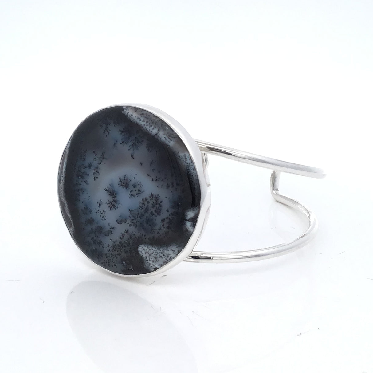 Dendritic Opal Cabochon Classic Double Row Silver Cuff - Simple Bezel Set - Round