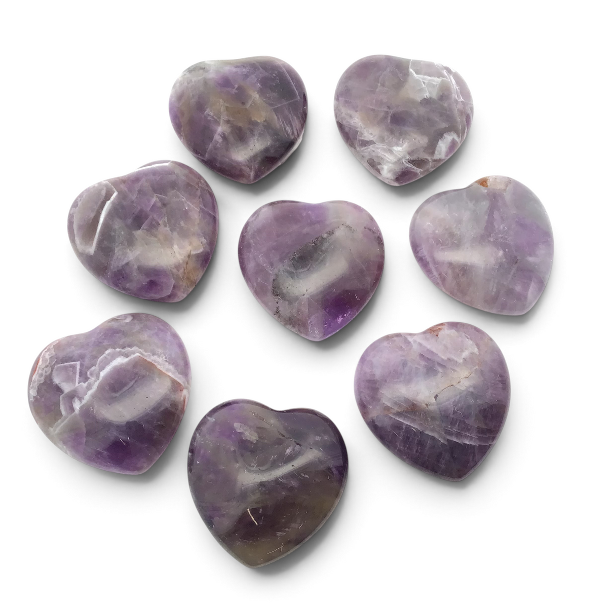 Polished chevron amethyst puffy hearts with purple and white banding, baby size