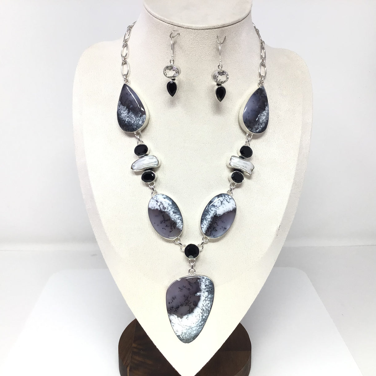 Dendritic Agate & Opal Cabochon Necklace & Earrings Set with Biwa Pearls & Faceted Quartz & Black Onyx