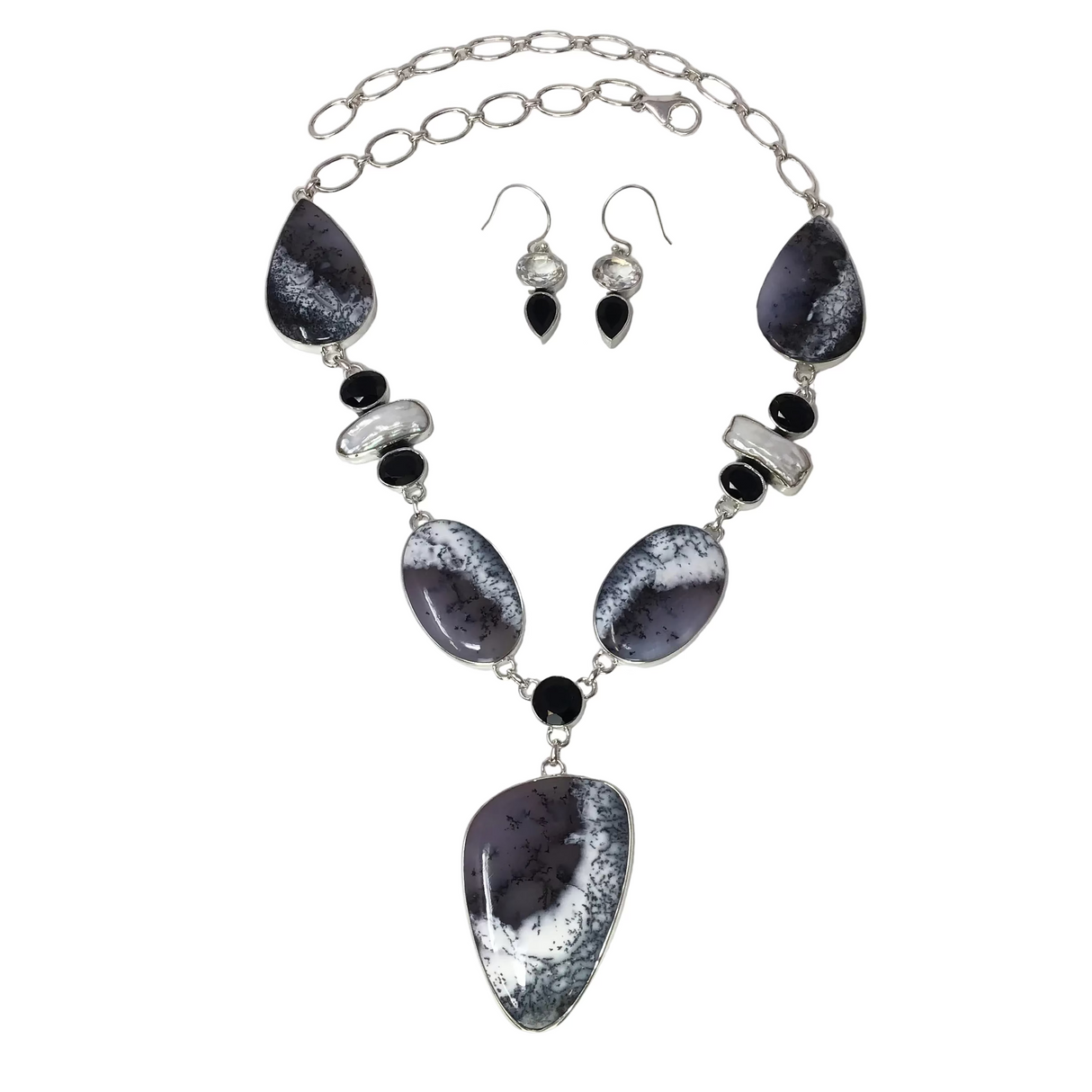 Dendritic Agate & Opal Cabochon Necklace & Earrings Set with Biwa Pearls & Faceted Quartz & Black Onyx