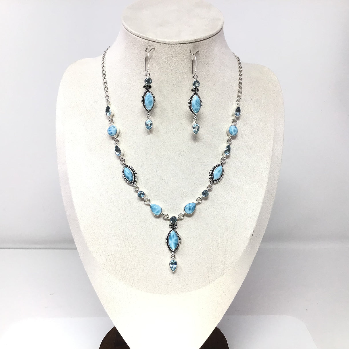 Larimar Sharp Oval Designer Necklace & Earrings Set with Faceted Blue Topaz & Studded Bows